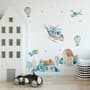 Kids Cartoon Village for Boys Watercolor Aircraft and Hot Air Balloon Wall Decal Sticker