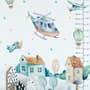 Kids Cartoon Village for Boys Watercolor Aircraft and Hot Air Balloon Wall Decal Sticker
