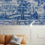 Blue Chinoiserie with Brush Tile Pattern Wallpaper Mural