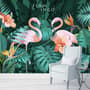Coral and Pink Flamingo with Tropical Leafy Wallpaper Mural