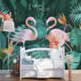 Coral and Pink Flamingo with Tropical Leafy Wallpaper Mural