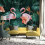 Coral and Pink Flamingo with Tropical Leafy Wallpaper Mural