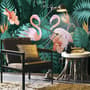 Coral and Pink Flamingo with Tropical Leafy Wallpaper Mural