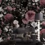 Papier peint panoramique floral foncé avec chrysanthème rose
