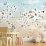 Kids Pink World Map with Cute Animals and Little Balloons Wallpaper Mural