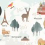 Kids Pink World Map with Cute Animals and Little Balloons Wallpaper Mural