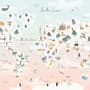 Kids Pink World Map with Cute Animals and Little Balloons Wallpaper Mural
