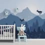 Monochrome Dark Blue Snowy Forest with Horned Deer Silhouette for Kids Nursery Wallpaper Mural