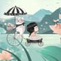 Cute Little Girl with Cat and Pink Lotus Cartoon Wallpaper Mural for Girls Room