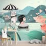 Cute Little Girl with Cat and Pink Lotus Cartoon Wallpaper Mural for Girls Room