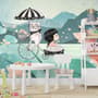 Cute Little Girl with Cat and Pink Lotus Cartoon Wallpaper Mural for Girls Room