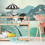 Cute Little Girl with Cat and Pink Lotus Cartoon Wallpaper Mural for Girls Room