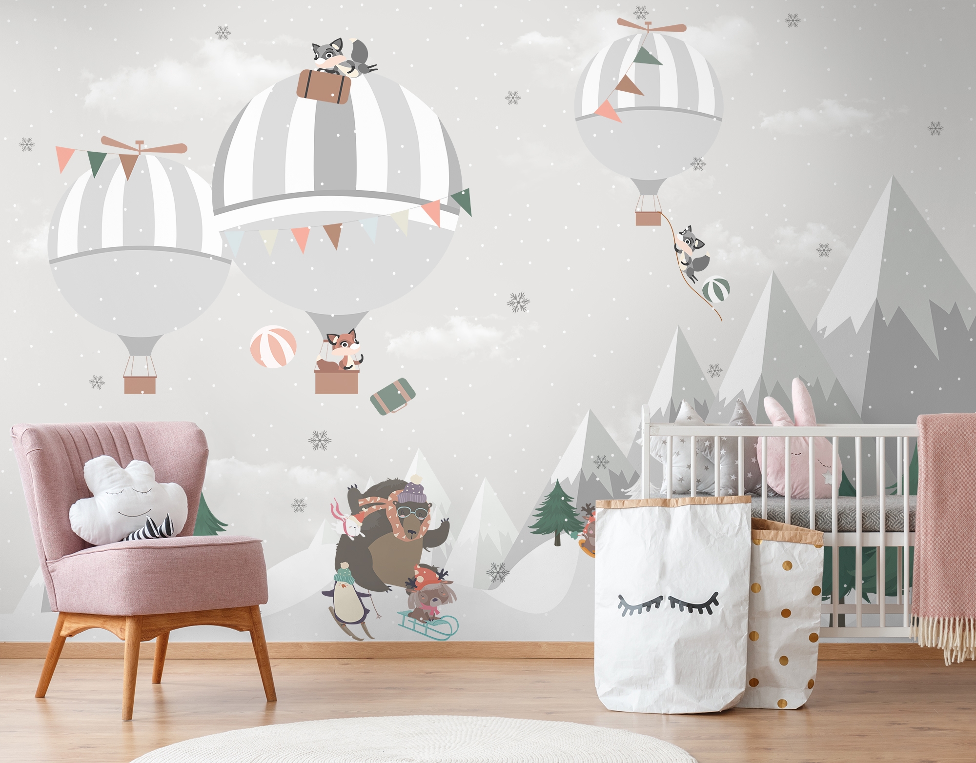 Cute Animals Playing Skate on the Snowy Mountain with Hot Air Balloon Wallpaper Mural