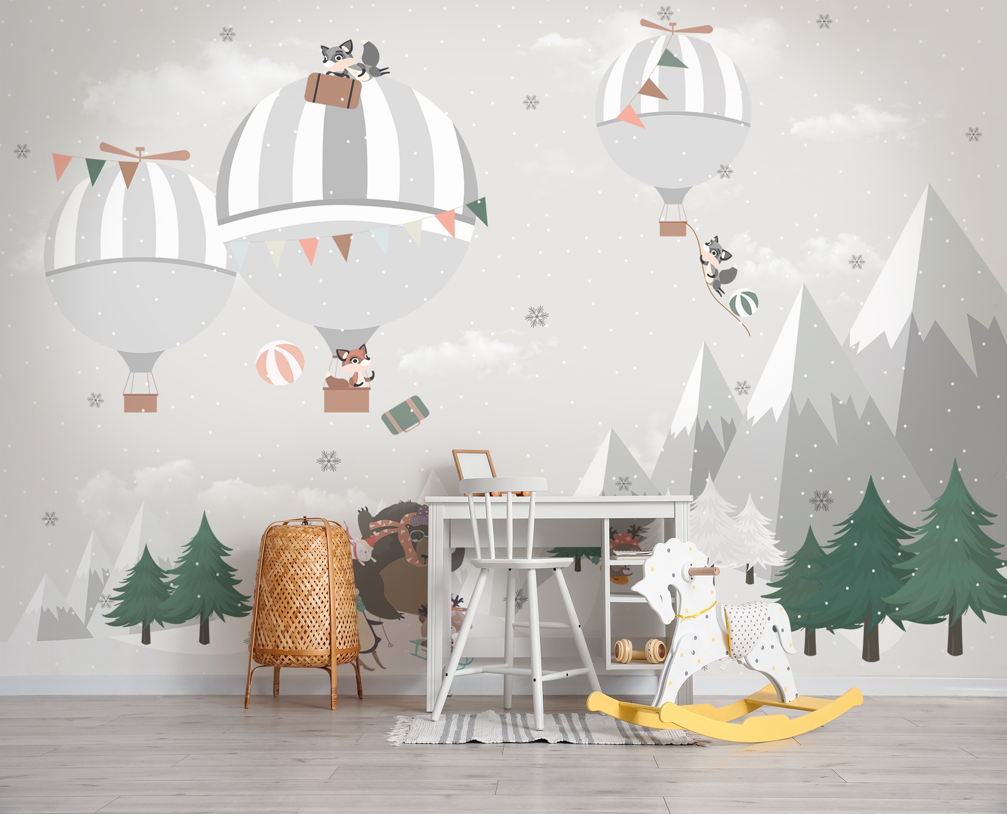 Cute Animals Playing Skate on the Snowy Mountain with Hot Air Balloon Wallpaper Mural