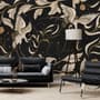 Dark Crane Birds and Brown Retro Florals Wallpaper Mural