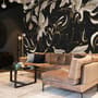 Dark Crane Birds and Brown Retro Florals Wallpaper Mural