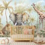 Watercolor Safari Animals in Forest Wallpaper Mural