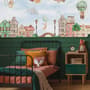 Watercolor Cute Houses with Flying Animals Wallpaper Mural for Kids