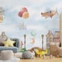 Watercolor Cute Houses with Flying Animals Wallpaper Mural for Kids