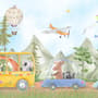 Kids Cute Watercolor Animals in the Bus Wallpaper Mural