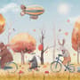 Papier peint panoramique animaux d'hiver et zeppelin pour enfants