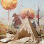 Papier peint panoramique animaux d'hiver et zeppelin pour enfants