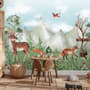 Cute Forest Animals with Kids Mountain Landscape Wallpaper Mural
