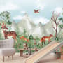 Cute Forest Animals with Kids Mountain Landscape Wallpaper Mural