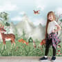 Cute Forest Animals with Kids Mountain Landscape Wallpaper Mural