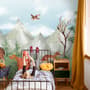 Cute Forest Animals with Kids Mountain Landscape Wallpaper Mural