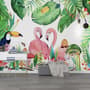 Papier peint panoramique flamants roses avec toucan