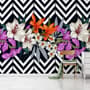 Colorful Flowers with Black White Stripe Patterned Wallpaper Mural