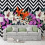 Colorful Flowers with Black White Stripe Patterned Wallpaper Mural