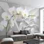 Papier peint floral d'orchidées blanches avec rayures abstraites