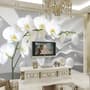 Papier peint floral d'orchidées blanches avec rayures abstraites