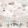 Papier peint panoramique cirque de dessin animé pour enfants avec montgolfière