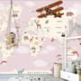 For Kids Pink World Map with Vintage Aircraft and Hot Air Balloon Wallpaper Mural