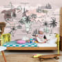 Kids World Map with Charcoal Famous Landmarks Wallpaper Mural