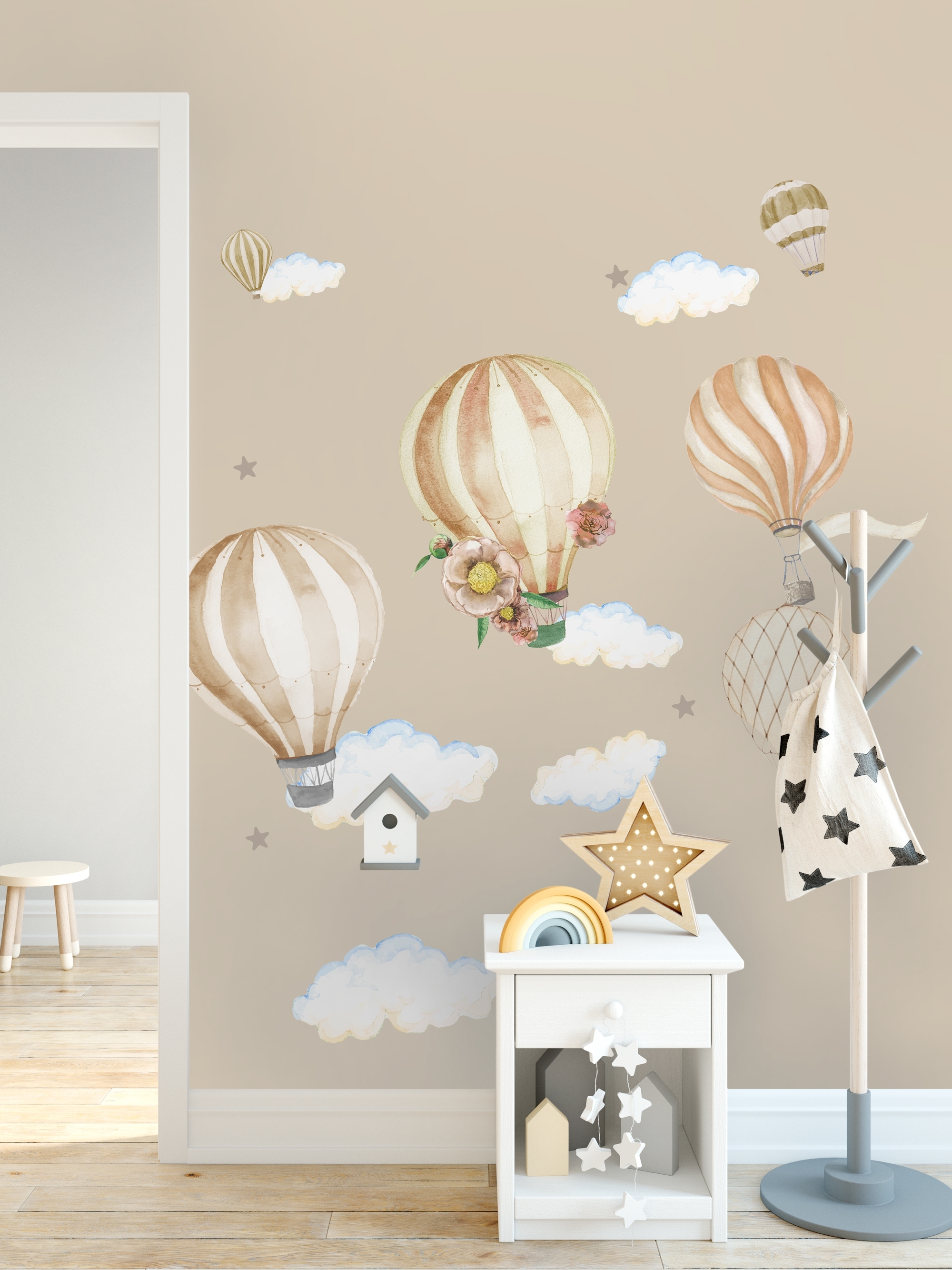 Kids Watercolor Brown Hot Air Balloon Wall Decal Sticker