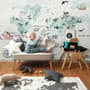 Kids Blue World Map with Cute Animals with Flying Rabbit Wallpaper Mural