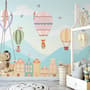 Papier peint panoramique des enfants, de la montgolfière et de la petite maison