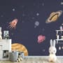 Papier peint panoramique espace cartoon avec planètes en aquarelle