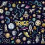 Kids Cartoon Space with Astronaut and Colorful Planets Wallpaper Mural