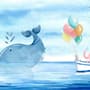 Cartoon Sea with Pink Elephant and Whales Wallpaper Mural
