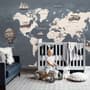 Kids Gray World Maps with Vintage Hot Air Balloon and Cars Wallpaper Mural