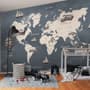 Kids Gray World Maps with Vintage Hot Air Balloon and Cars Wallpaper Mural