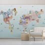 Pink Purple World Map with Animals Wallpaper Mural