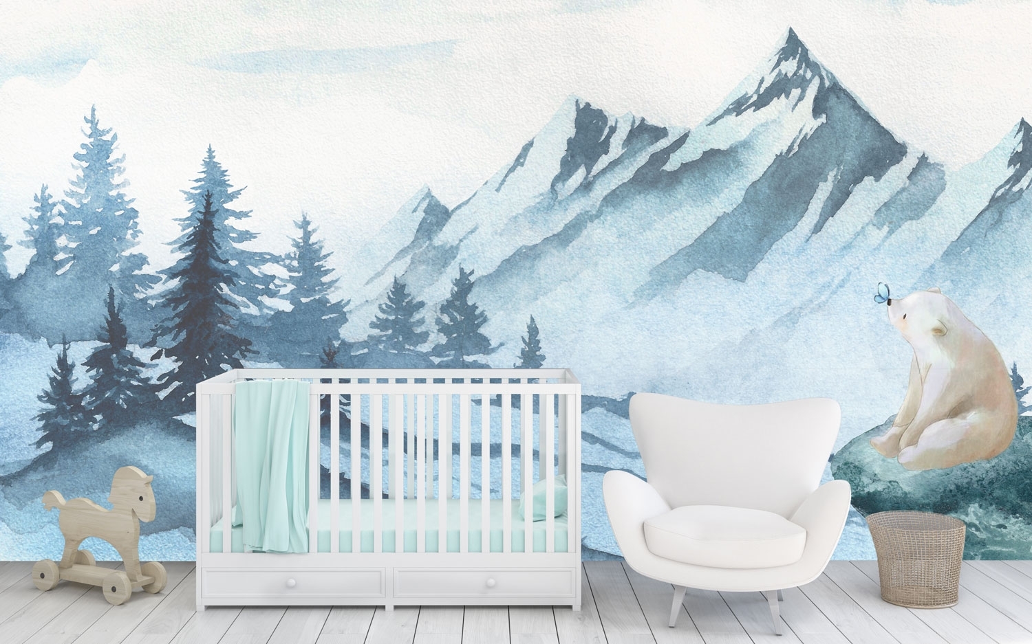 Kids Mountain Landscape with Cartoon Bear Wallpaper Mural
