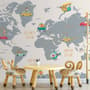 Kids World Map with Little Cars Wallpaper Mural