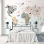 Colorful Kids World Map with Cartoon Animals Wallpaper Mural